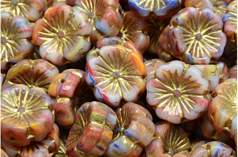 Hawaiian Flower Beads R0001 Gold Lined (R0001-54302), Glass, Czech Republic