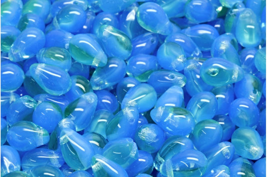 ドロップビーズ、オパールブルー透明グリーン（31000-50800）、ガラス、チェコ共和国