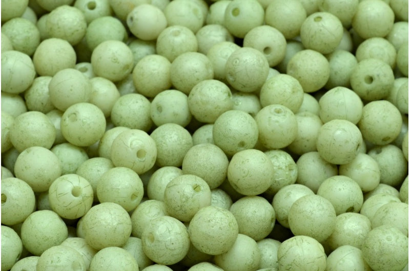Round Druck Beads, White Etched Luster Green Full Coated (02010-ETCH-14457), Glass, Czech Republic