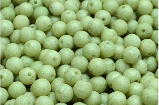 Round Druck Beads, White Etched Luster Green Full Coated (02010-ETCH-14457), Glass, Czech Republic