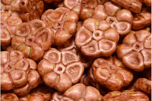 Primrose flower beads, White Copper Luster Spotted (02010-65324), Glass, Czech Republic