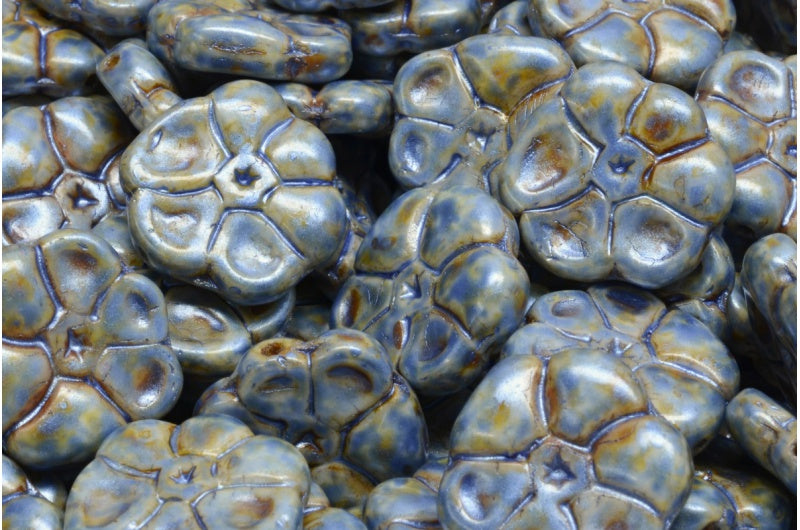 Primrose flower beads, White Green Luster Spotted (02010-65325), Glass, Czech Republic