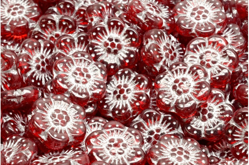 Boho Flower Beads, Ruby Red Silver Lined (90080-54301), Glass, Czech Republic