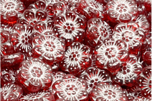 Boho Flower Beads, Ruby Red Silver Lined (90080-54301), Glass, Czech Republic