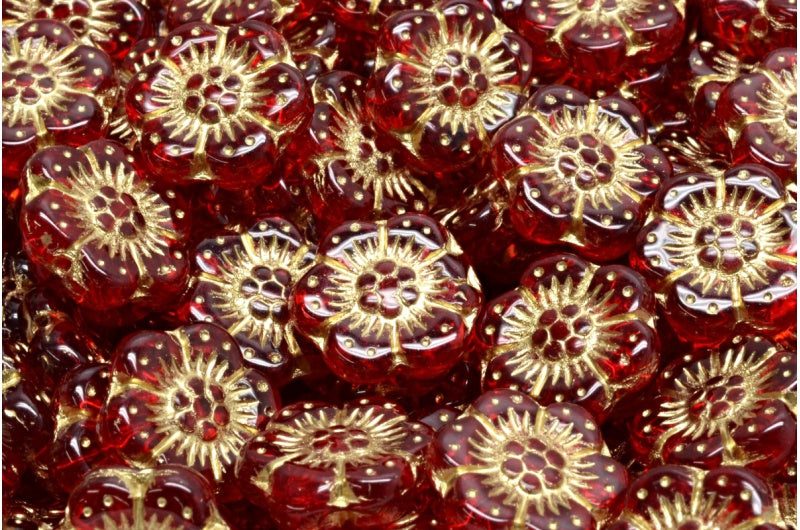 ボヘミアンフラワービーズ、ルビーレッドゴールドライン（90080-54302）、ガラス、チェコ共和国