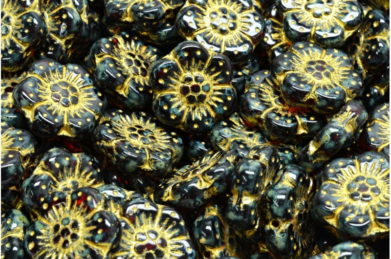 Boho Flower Beads, Ruby Red Travertin Yellow Lined (90080-86800-43803), Glass, Czech Republic