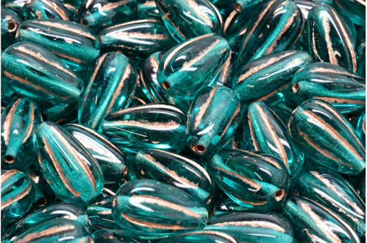 ドロップメロンビーズ、透明アクア銅線入り（60220-54318）、ガラス、チェコ共和国