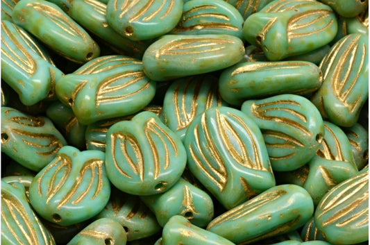 Mini Tulip Beads, Turquoise Travertin Gold Lined (63130-86800-54302), Glass, Czech Republic