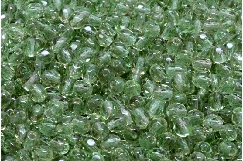 Faceted Fire Polished Round Beads, Gray Transparent Green (40010-50500), Glass, Czech Republic