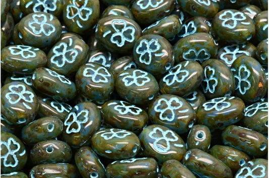 Shamrock Oval Beads, Opal Blue Travertin Light Blue Lined (31000-86800-54308), Glas, Tschechische Republik