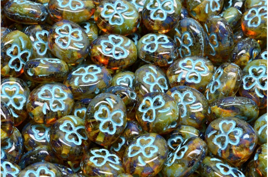 Shamrock Oval Beads, 36018 Travertin Light Blue Lined (36018-86800-54308), Glass, Czech Republic