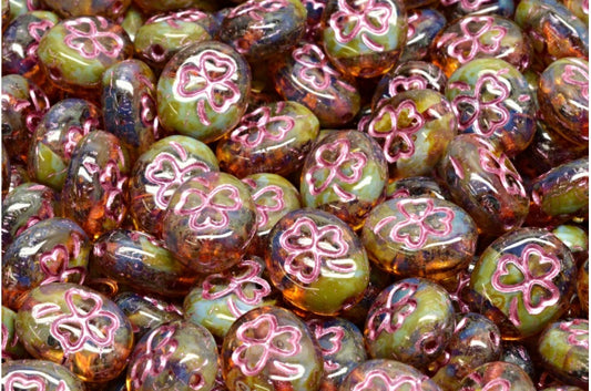 Shamrock Oval Beads, 36018 Travertin Pink Lined (36018-86800-54321), Glass, Czech Republic