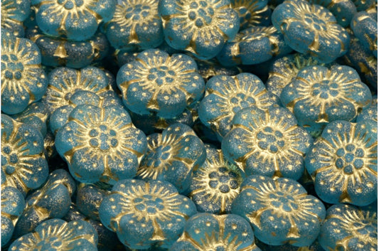 Boho Flower Beads, Transparent Aqua Gold Lined Matte (60020-54302-84100), Glass, Czech Republic