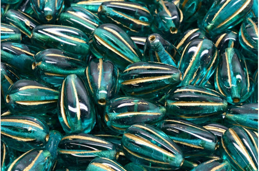 ドロップメロンビーズ、透明アクアゴールドライン（60220-54302）、ガラス、チェコ共和国