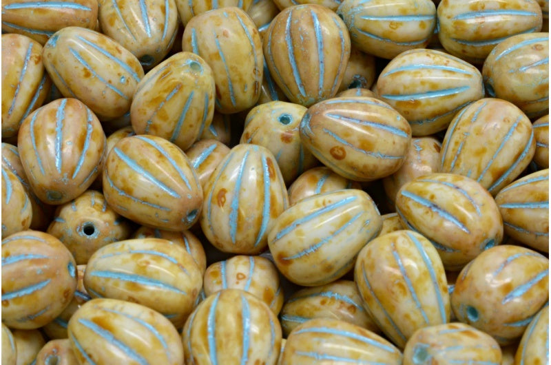 ドロップメロンビーズ、ホワイトトラバーチンライトブルーライン（02010-86800-54308）、ガラス、チェコ共和国