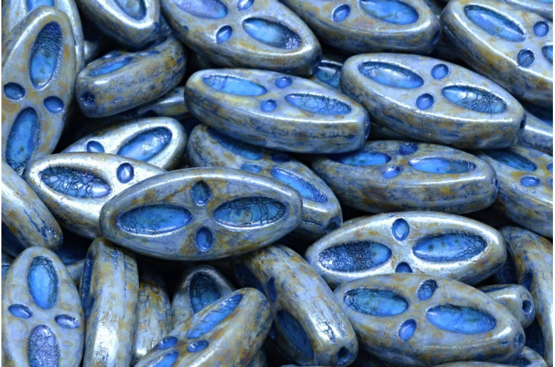 Ovale Schiffsaugenperlen, weiß-grüner Glanz, gefleckt, blau gefüttert (02010-65325-54309), Glas, Tschechische Republik