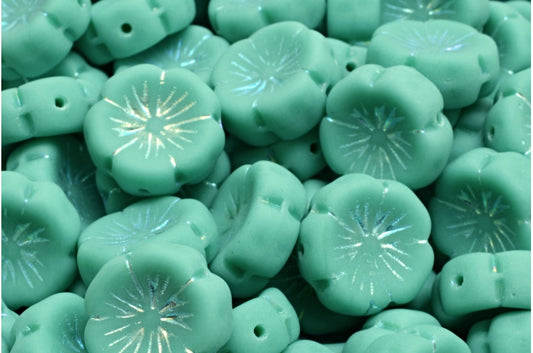 Hawaiian Flower Beads, Turquoise Ab Full (2X Side) Matte (63130-28703-84100), Glass, Czech Republic