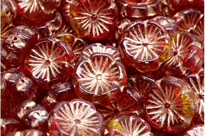 Hawaiian Flower Beads, Ruby Red Transparent Yellow Copper Lined (90080-80010-54318), Glass, Czech Republic