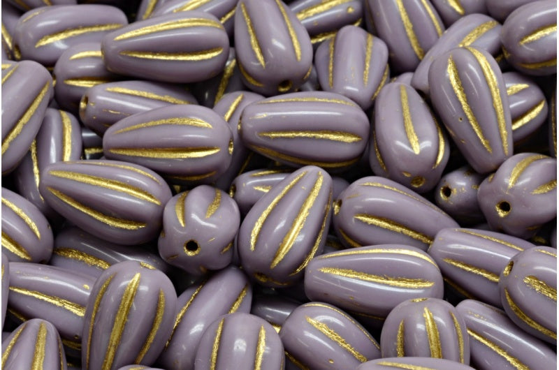 ドロップメロンビーズ、不透明アメジストゴールドライン（23030-54302）、ガラス、チェコ共和国