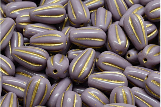 ドロップメロンビーズ、不透明アメジストゴールドライン（23030-54302）、ガラス、チェコ共和国