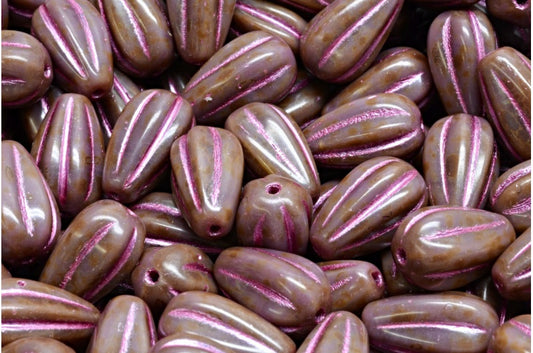 Drop Melon Beads, Opaque Amethyst Travertin Pink Lined (23030-86800-54321), Glass, Czech Republic