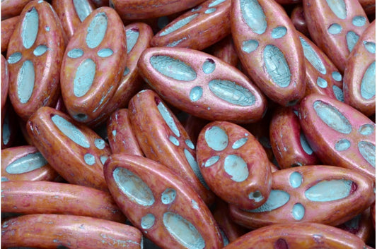 Ship Eye Oval Beads, White Rose Luster Spotted Light Blue Lined (02010-65327-54308), Glass, Czech Republic