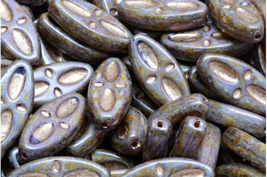 Ship Eye Oval Beads, White Purple Brown Luster Spotted Copper Lined (02010-65329-54324), Glass, Czech Republic