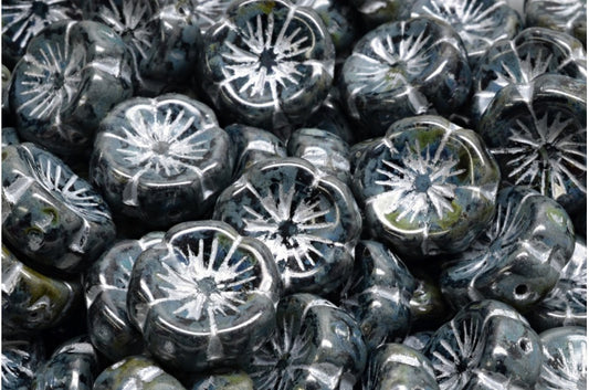 Hawaiian Flower Beads, Black Travertin Silver Lined (23980-86800-54301), Glass, Czech Republic