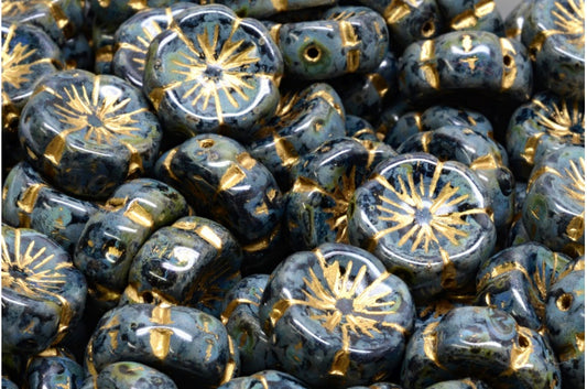 Hawaiian Flower Beads, Black Travertin Gold Lined (23980-86800-54302), Glass, Czech Republic