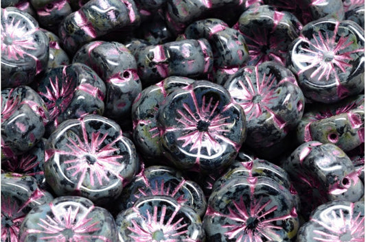 Hawaiian Flower Beads, Black Travertin Pink Lined (23980-86800-54321), Glass, Czech Republic