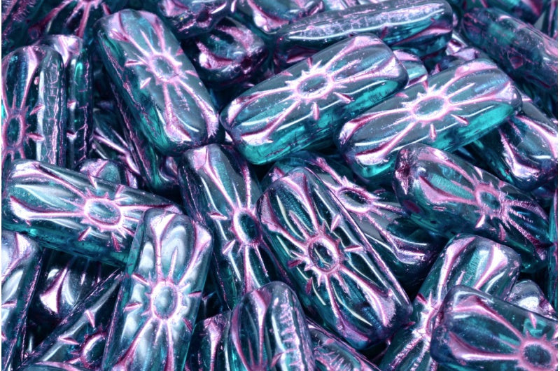 フラワーレクタングルビーズ、透明アクアピンクライン入り（60220-54321）、ガラス、チェコ共和国