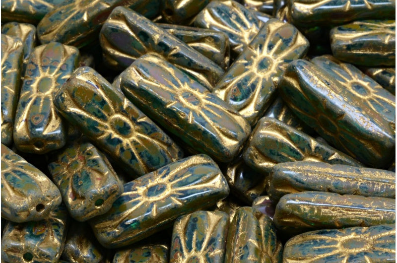 フラワーレクタングルビーズ、透明アクアトラバーチン、ゴールドライニング（60220-86800-54302）、ガラス、チェコ共和国