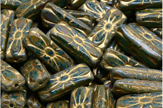 フラワーレクタングルビーズ、透明アクアトラバーチン、ゴールドライニング（60220-86800-54302）、ガラス、チェコ共和国