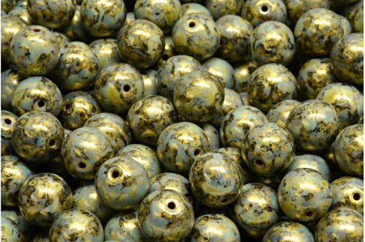 ラウンドドラックビーズ、ブラックゴールドラスタースポット（23980-65322）、ガラス、チェコ共和国