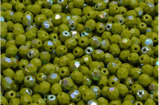 Faceted Fire Polished Round Beads, Green Ab (53420-28701), Glass, Czech Republic