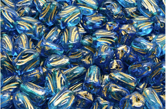 Mini-Tulpenperlen, Transparent Aqua Gold Lined (60040-54302), Glas, Tschechische Republik