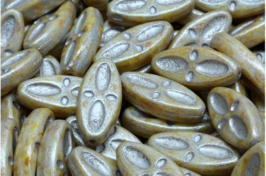 Ship Eye Oval Beads, White Cream Luster Spotted Silver Lined (02010-65321-54301), Glass, Czech Republic