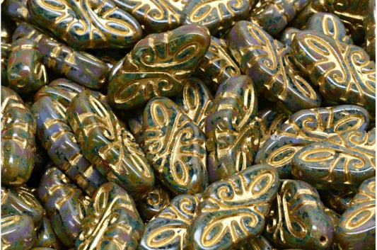 阿拉伯式花纹珠，透明水绿色石灰华内衬金 (60020-86800-54302)，玻璃，捷克共和国