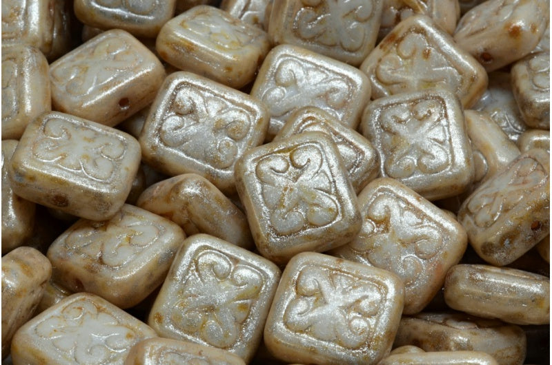 Ornamental Cushion Beads, White Travertin 34301 (02010-86800-34301), Glass, Czech Republic