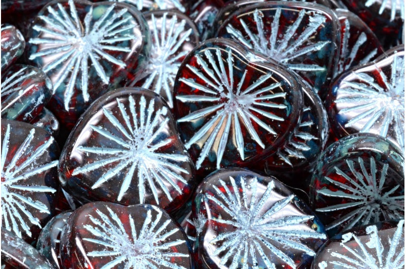 Kiwi Heart Beads, Ruby Red Travertin Light Blue Lined (90080-86800-54308), Glass, Czech Republic