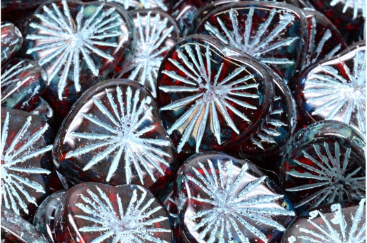 キウイハートビーズ、ルビーレッドトラバーチンライトブルーライン（90080-86800-54308）、ガラス、チェコ共和国