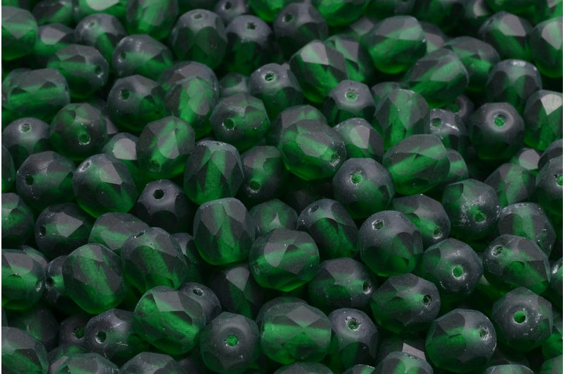 ファセット加工ビーズ ラウンド、透明グリーンエメラルドマット（50060-84100）、ボヘミアクリスタルガラス、チェコ共和国