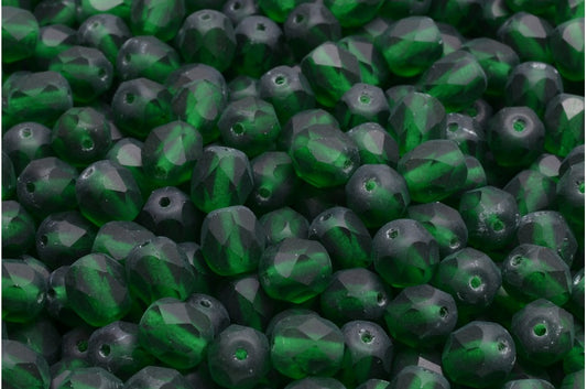 ファセット加工ビーズ ラウンド、透明グリーンエメラルドマット（50060-84100）、ボヘミアクリスタルガラス、チェコ共和国