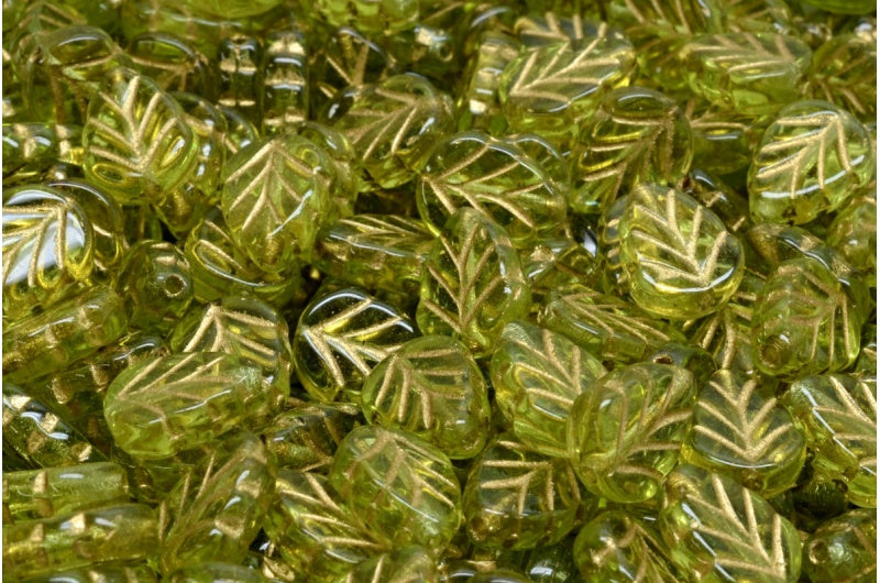 Mint Leaf Beads, Transparent Green Gold Lined (50220-54302), Glass, Czech Republic