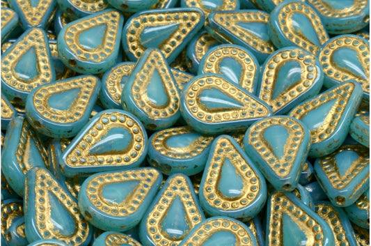 フィリグリーティアドロップビーズ、オパールアクアゴールドライン（61100-54302）、ガラス、チェコ共和国