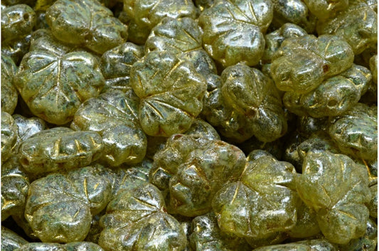 メープルリーフビーズ、透明グリーントラバーチン 34302 (50220-86800-34302)、ガラス、チェコ共和国