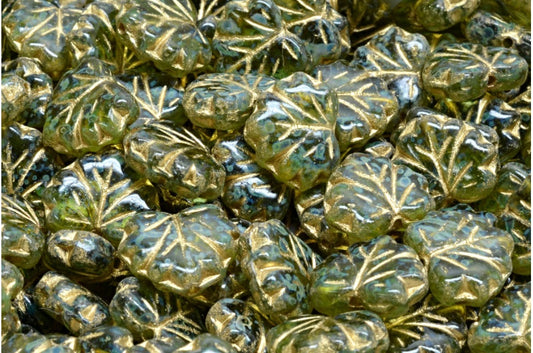 メープルリーフビーズ、透明グリーントラバーチン、金張り（50220-86800-54302）、ガラス、チェコ共和国