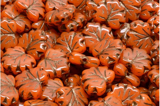 メープルリーフビーズ、オレンジブロンズライン（81260-54317）、ガラス、チェコ共和国