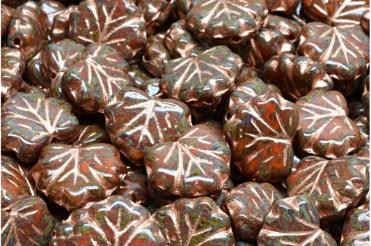 メープルリーフビーズ、オレンジトラバーチン銅張り（81260-86800-54318）、ガラス、チェコ共和国