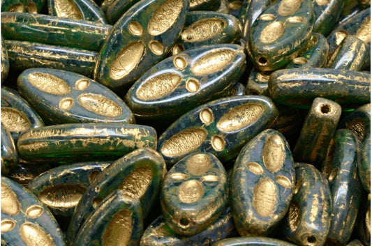 Ship Eye Oval Beads, Transparent Green Emerald Travertin Gold Lined (50730-86800-54302), Glass, Czech Republic